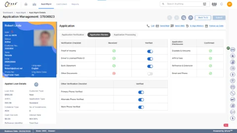 QFund application management screen — the same header and customer panel used in every module