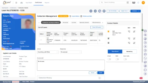 QFund collections screen — the same header and customer panel used in every module