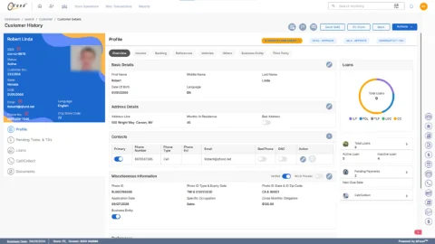 QFund customer profile screen — the same header and customer panel used in every module