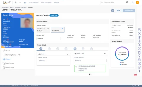 QFund loan servicing screen — the same header and customer panel used in every module